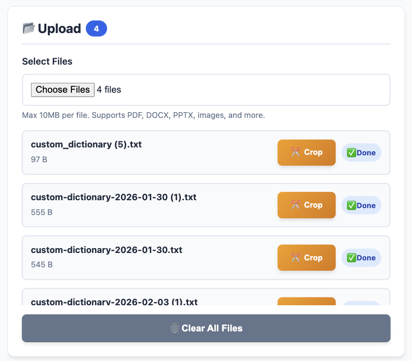 File list with a Crop button next to a file